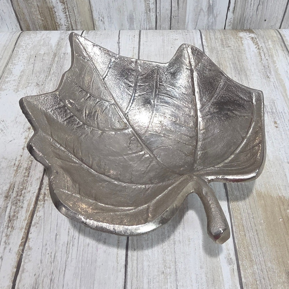 Silver Metal Maple Leaf Decorative Bowl Textured Catchall Dish Made in India
